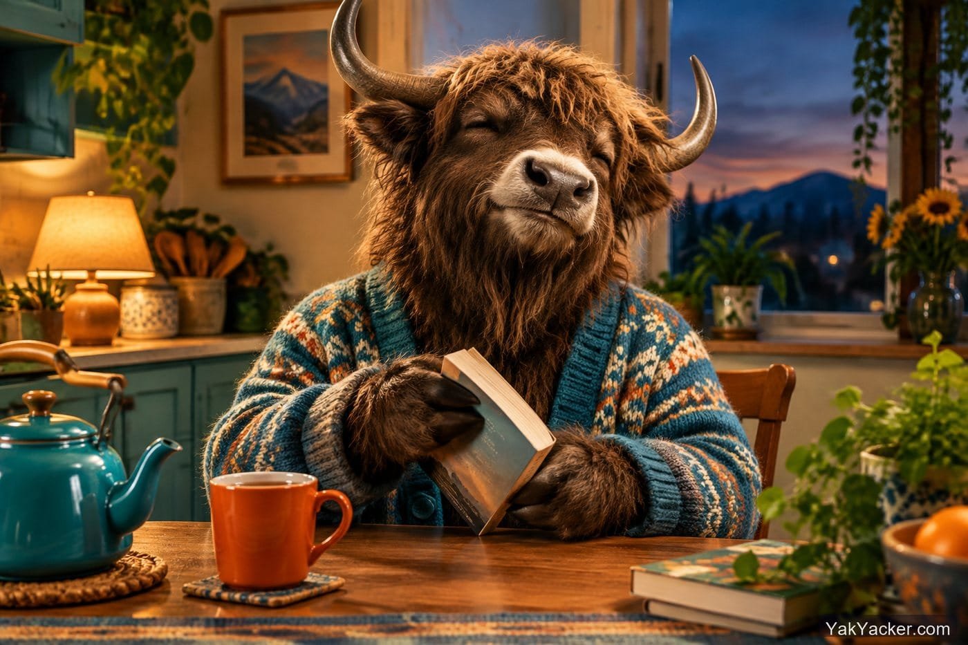 A yak closing a finished paperback, used in a review of Hueber German graded readers.