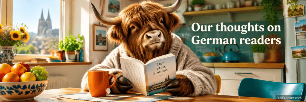 A yak finishing a German paperback at a kitchen table, used as the featured image for a German graded-readers roundup.