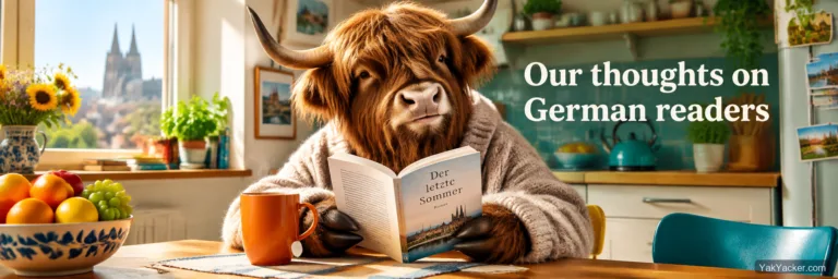 A yak finishing a German paperback at a kitchen table, used as the featured image for a German graded-readers roundup.