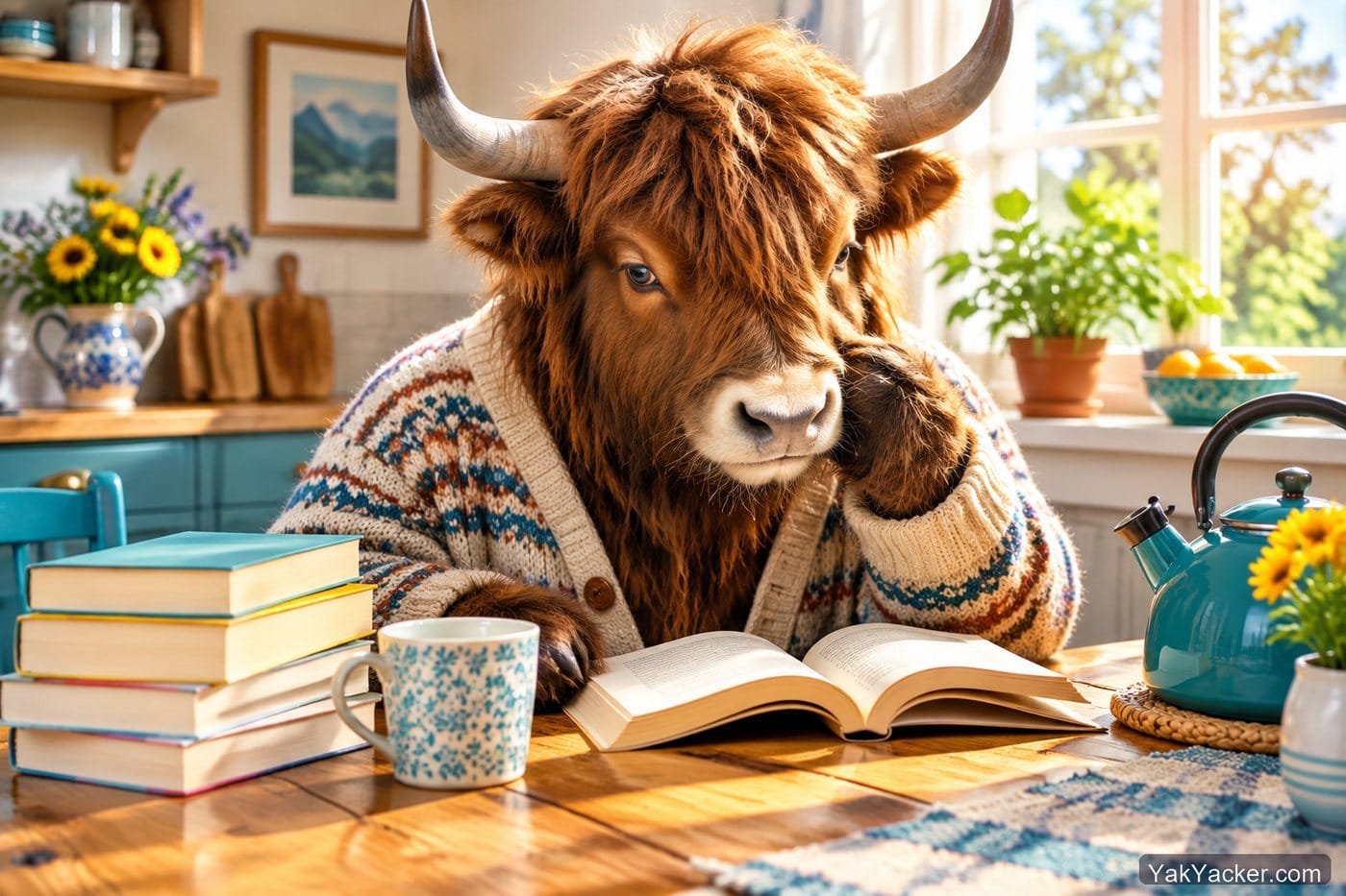 A yak with a pile of slim German paperbacks, used in a roundup of German graded readers.