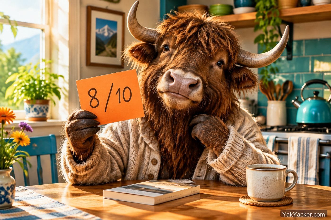 A yak holding an 8 out of 10 scorecard after two weeks with German graded readers.