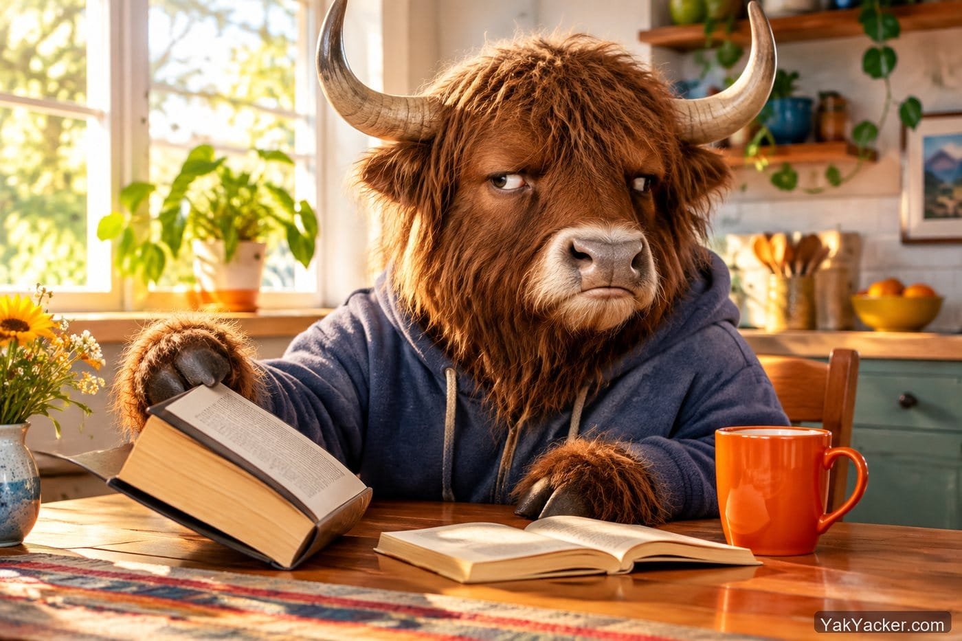 A yak abandoning a book that was too hard, used in a review of cheap first German readers.