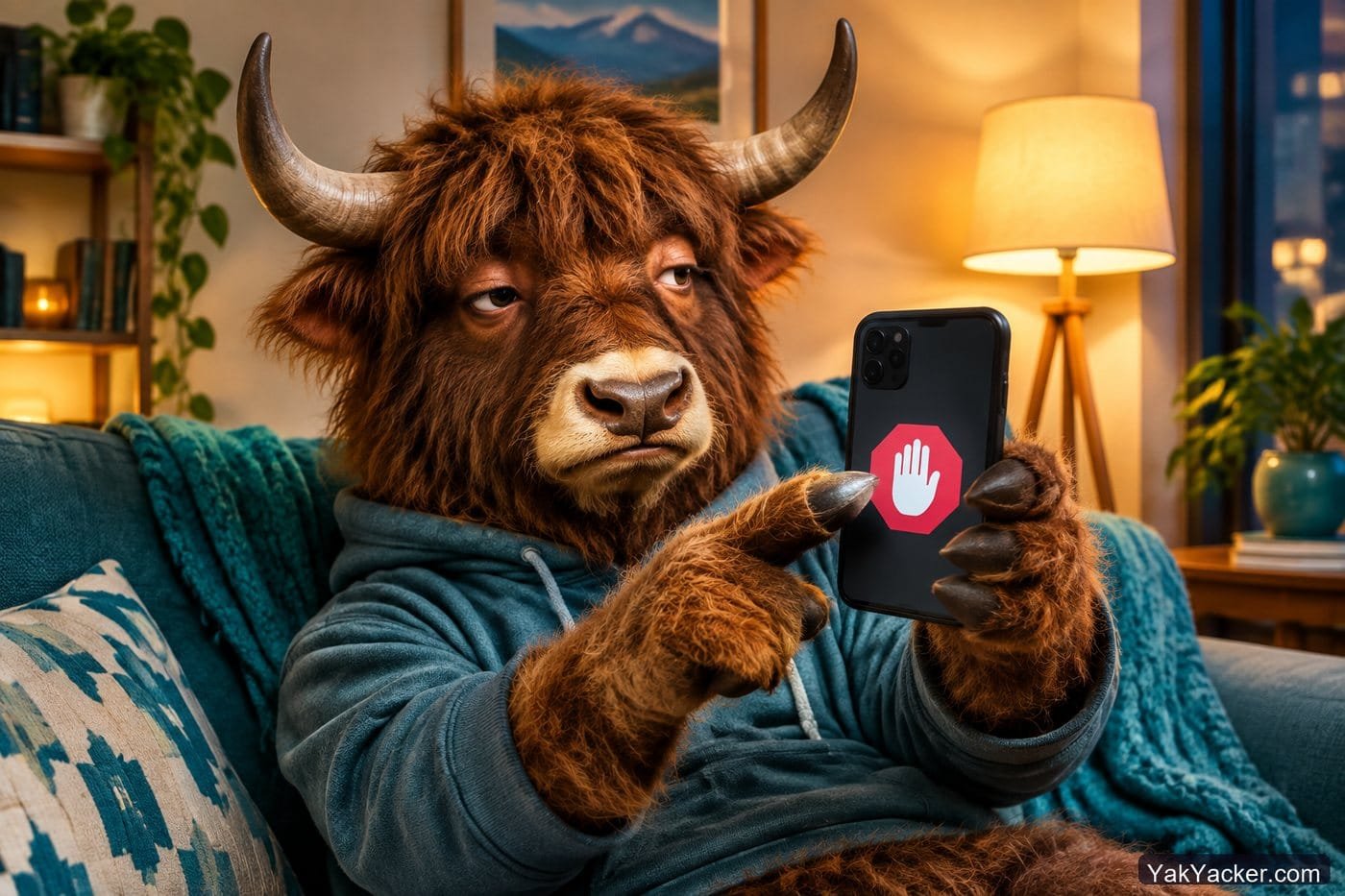 A yak blocking a late-night message, used in a review of HelloTalk safety, DMs, and filtering.