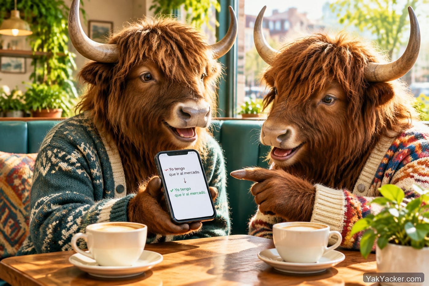 A yak getting a Spanish sentence corrected on a phone, used in a review of HelloTalk's inline correction tool.