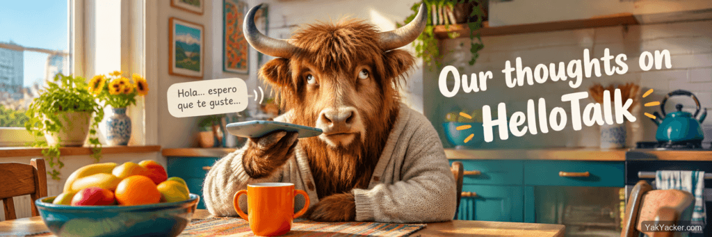 A yak on a phone at a kitchen table, used as the featured image for a HelloTalk review.