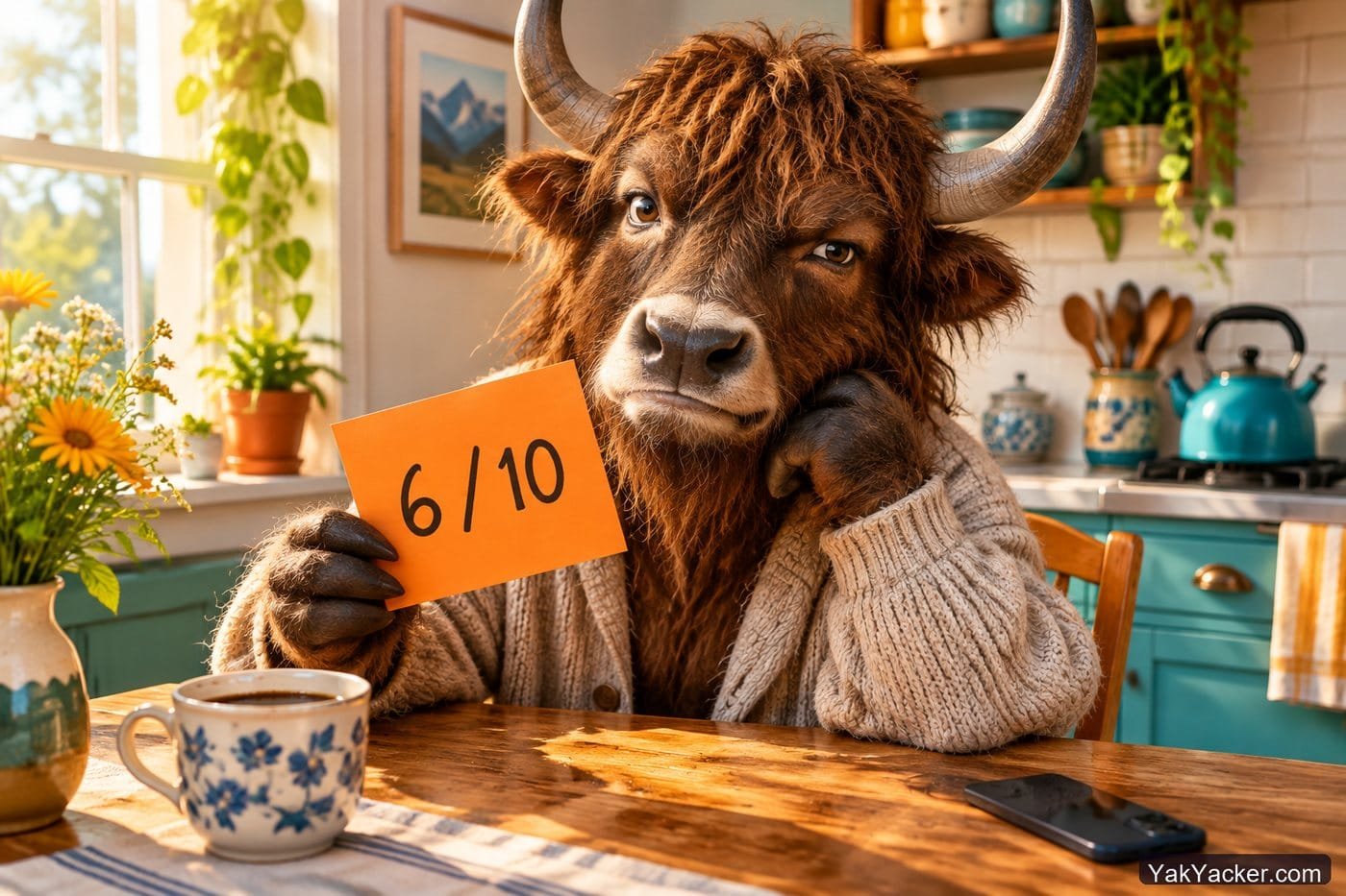A yak holding a 6 out of 10 scorecard after a HelloTalk review, used in an in-depth analysis of whether HelloTalk works.