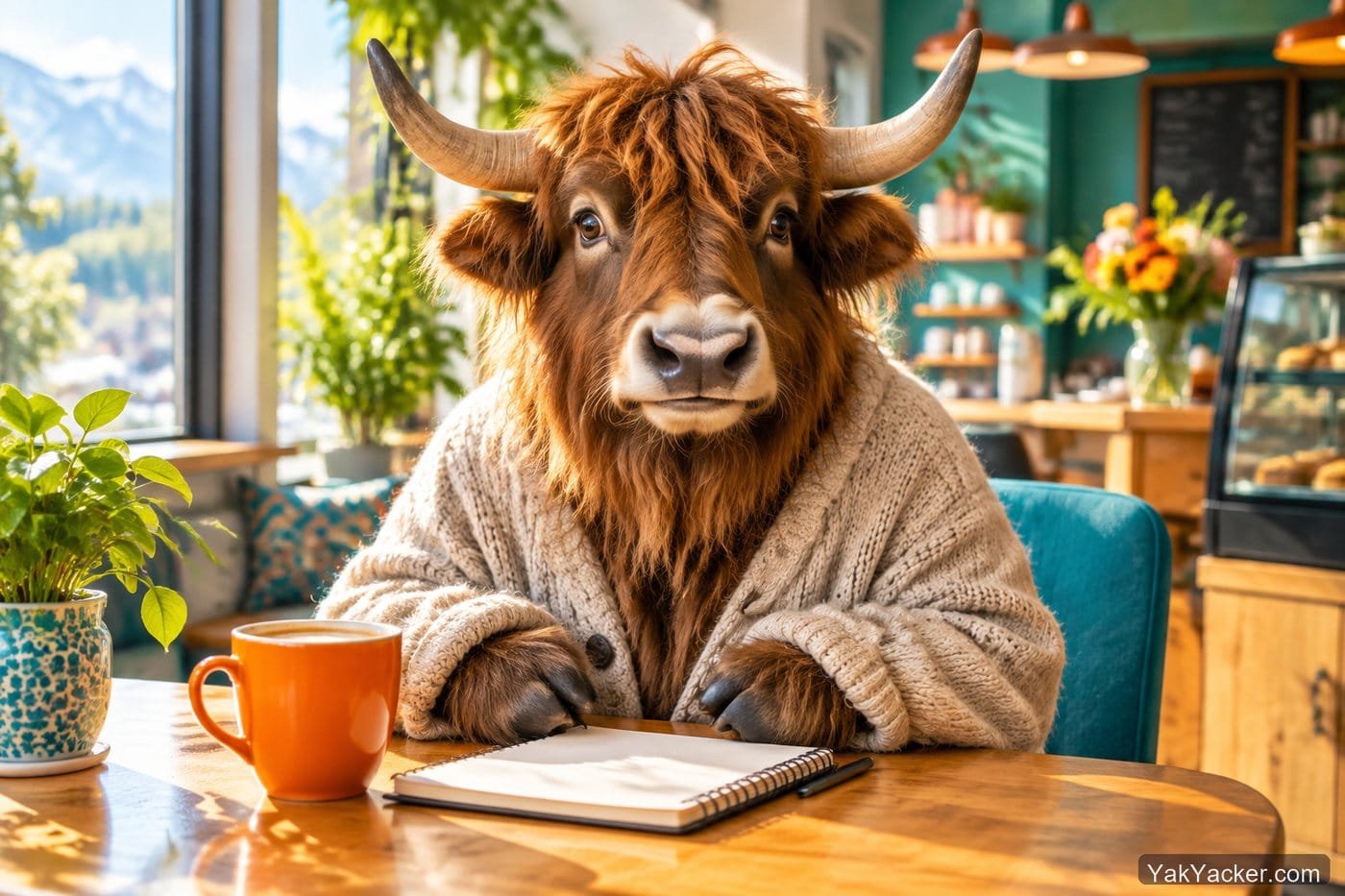 A yak meeting a language tutor at a cafe table, used in a how-to on working with an in-person tutor.