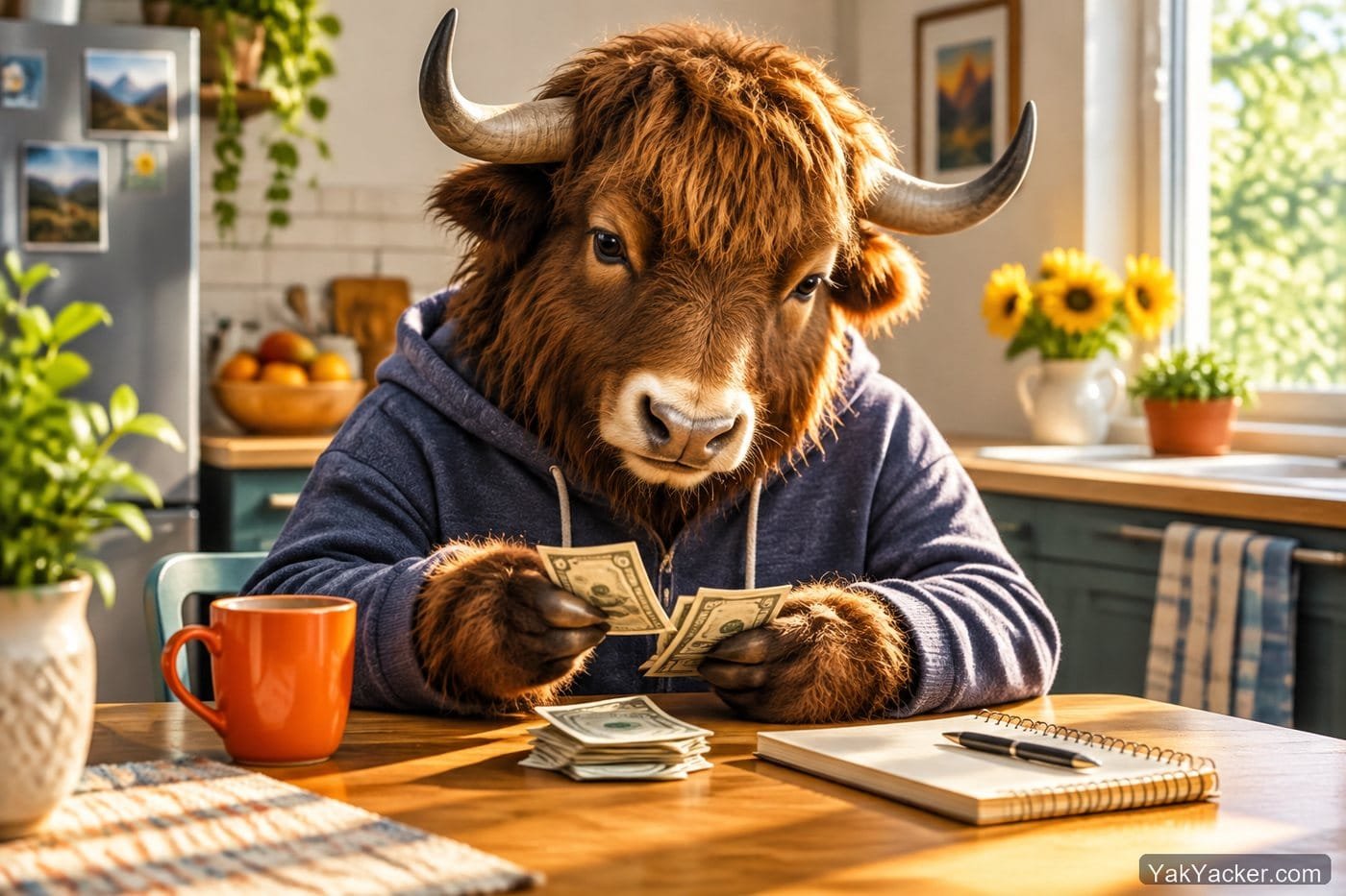 A yak paying for a language lesson in cash at a kitchen table, used in a how-to on in-person tutor payment.