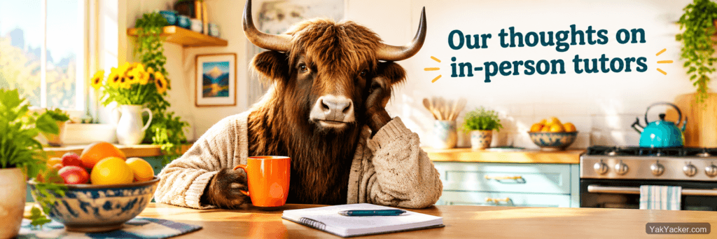 A yak meeting a language tutor at a cafe table, used as the featured image for a how-to on working with an in-person tutor.