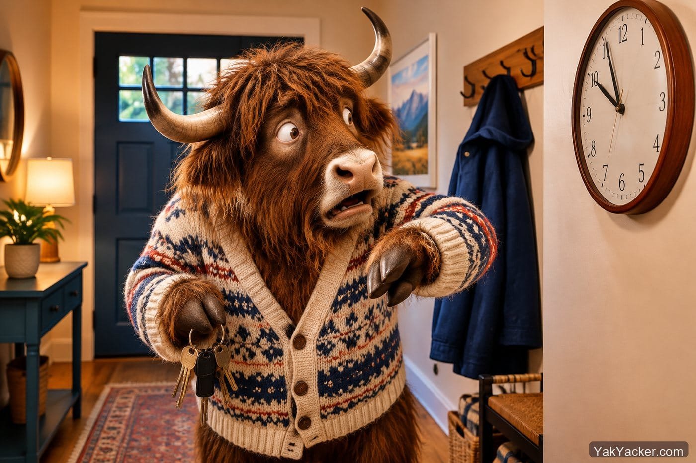 A yak staring at a wall clock after missing an italki cancellation window, used in a review of the 24-hour cancel rule.