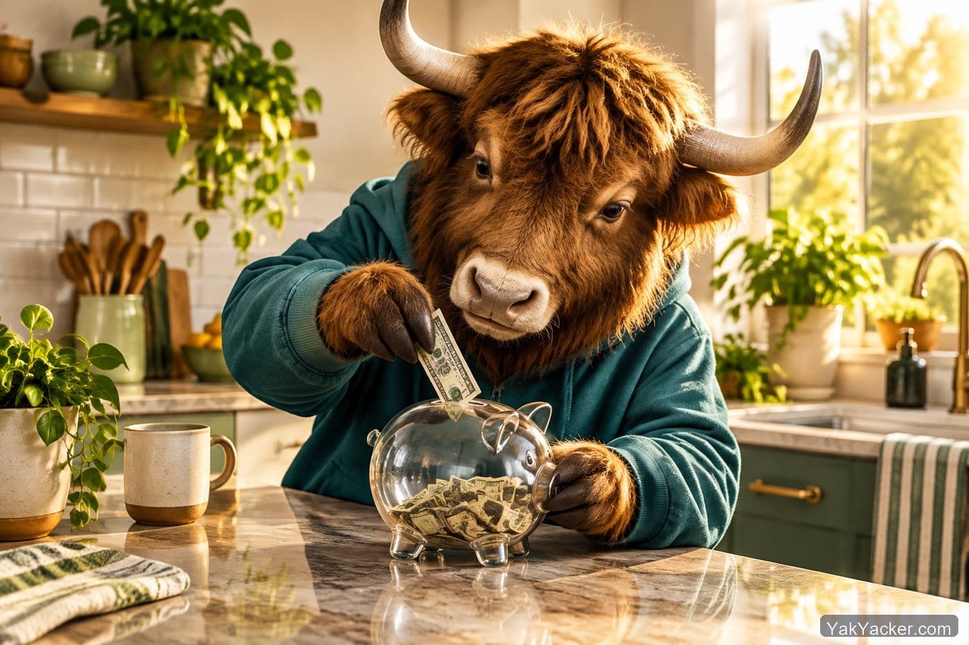A yak feeding bills into a small wallet, used in a review of italki credits and prepaid lesson fees.