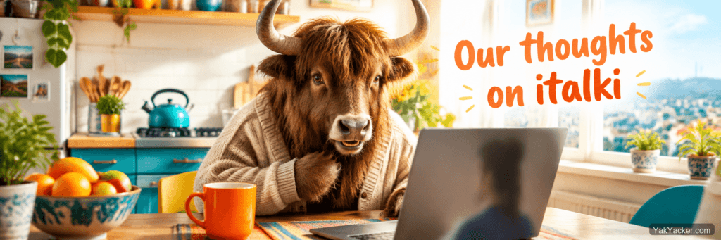 A yak on a laptop video call at a kitchen table, used as the featured image for an italki review.