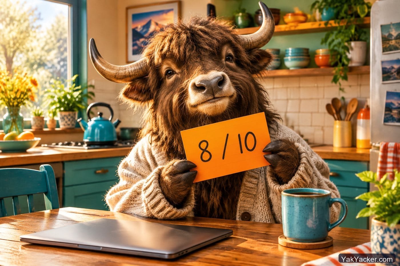A yak holding an 8 out of 10 scorecard after an italki review, used in an in-depth analysis of whether italki works.
