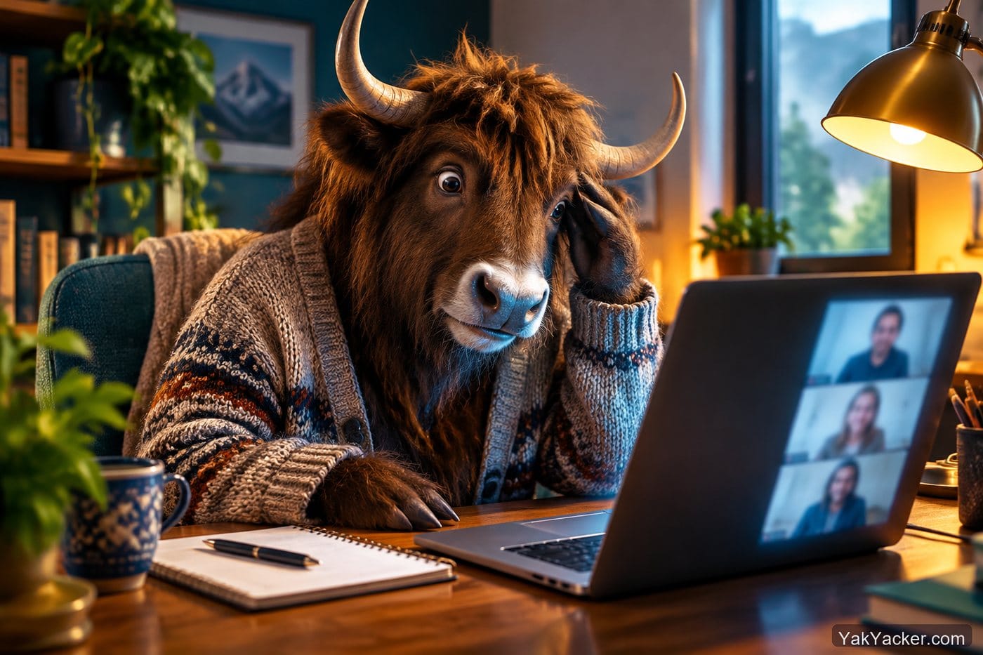 A yak auditioning three blurry video tutors on a laptop, from our two-week review of italki trial lessons.