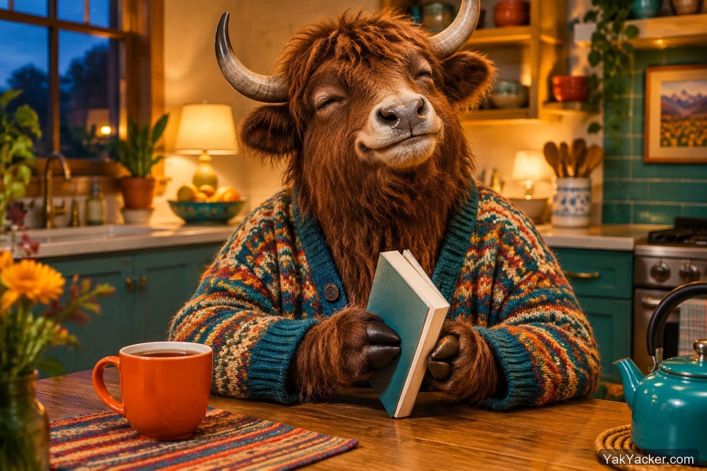 A yak closing a finished paperback, used in a review of ASK Japanese graded readers.
