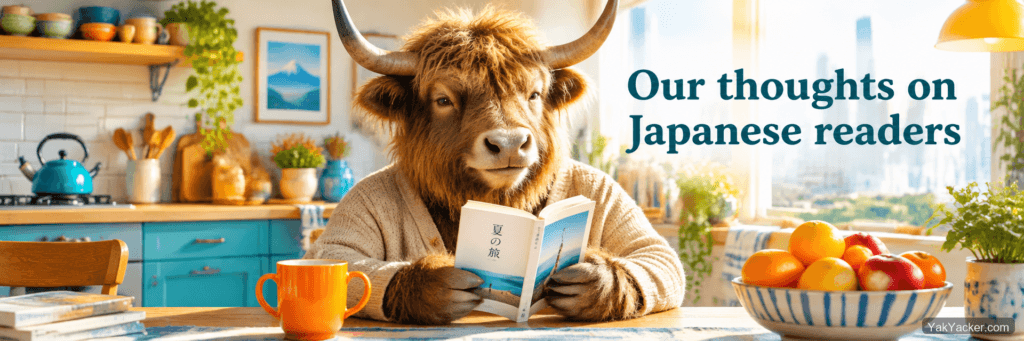 A yak finishing a Japanese paperback at a kitchen table, used as the featured image for a Japanese graded-readers roundup.