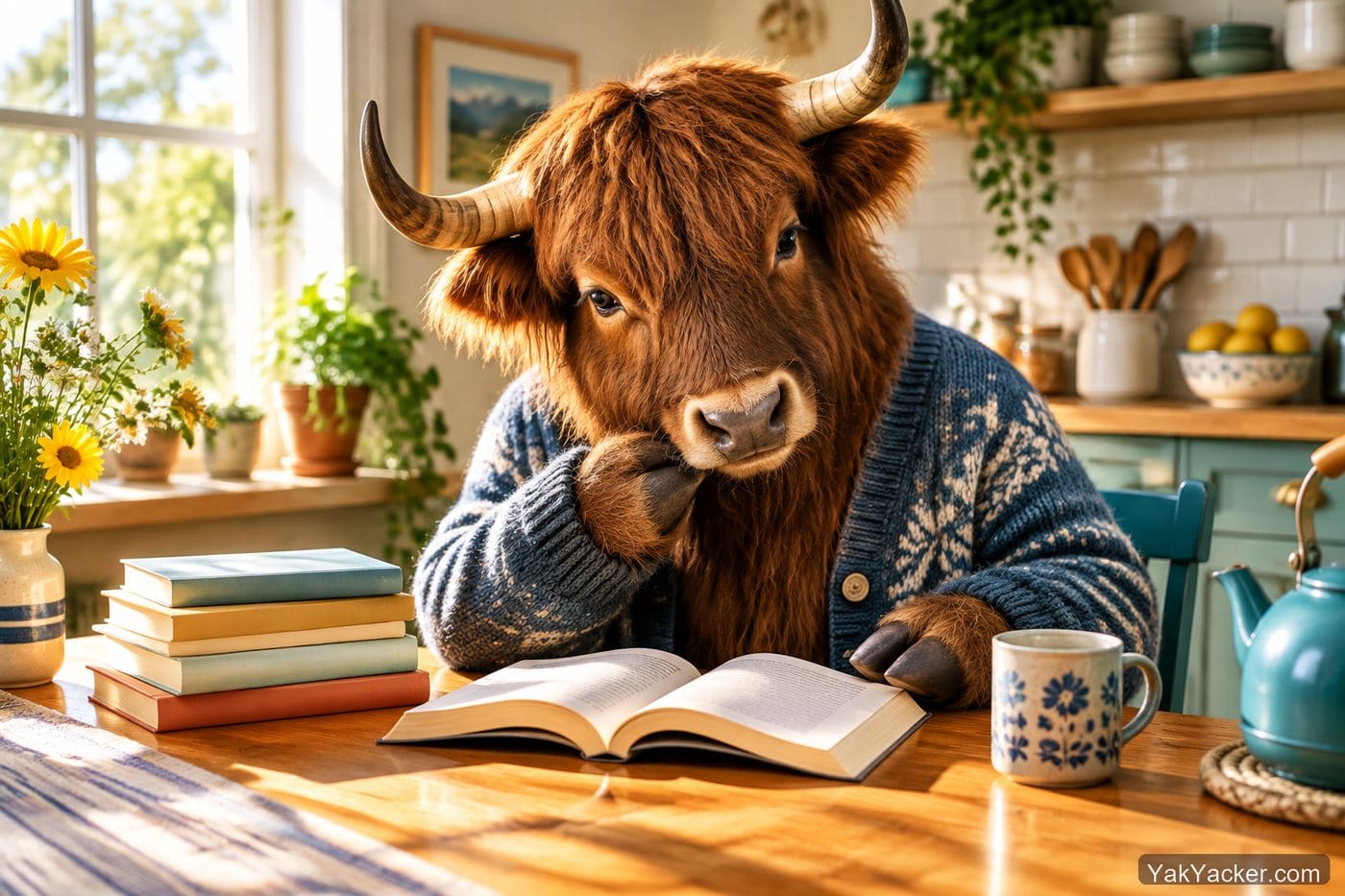 A yak with a pile of slim Japanese paperbacks, used in a roundup of Japanese graded readers.