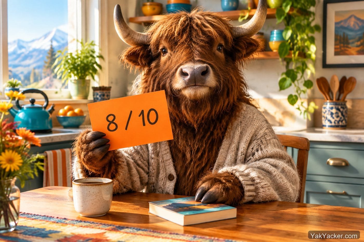 A yak holding an 8 out of 10 scorecard after two weeks with Japanese graded readers.