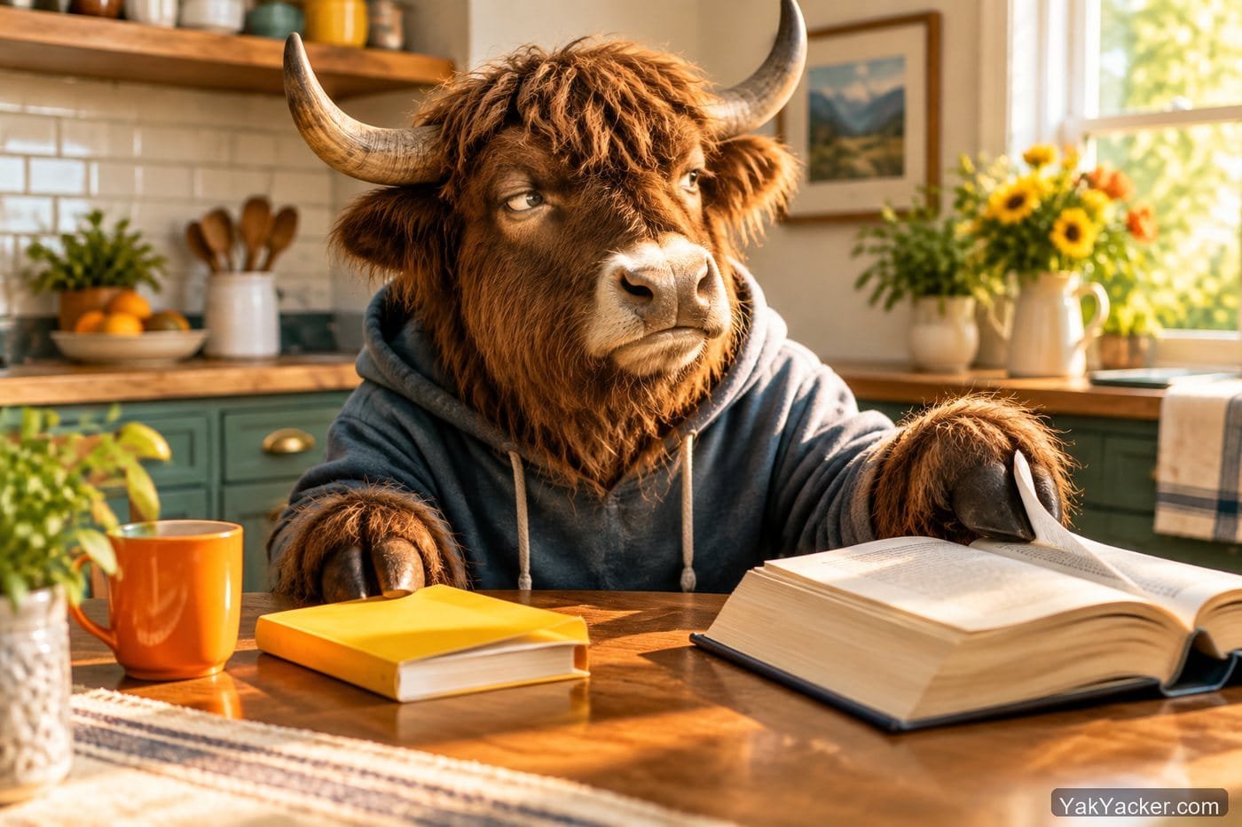 A yak abandoning a book that was too hard, used in a review of beginner Japanese readers.