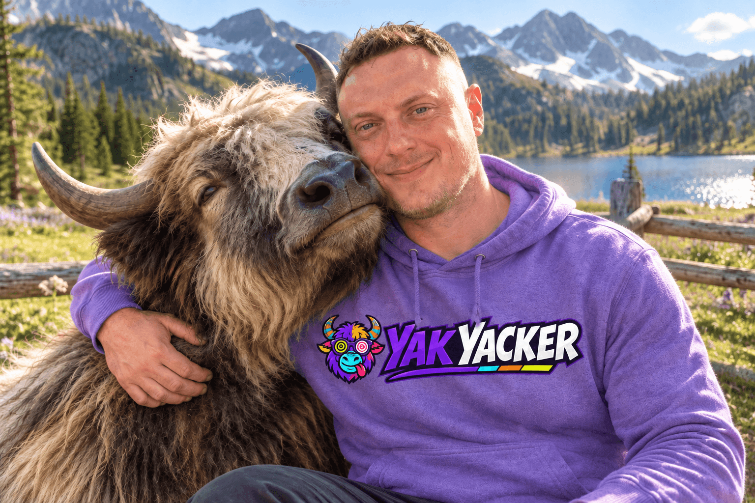 J.J. Pryor with a yak beside an alpine lake