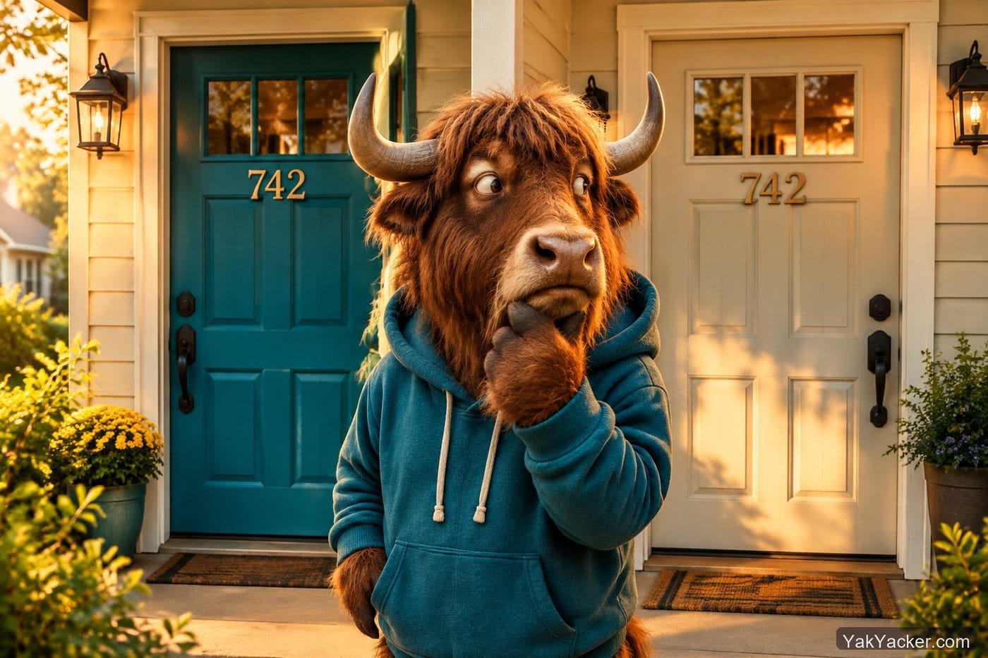 A yak confused by two doors on the same house, used in a review of Memrise official app vs community courses.