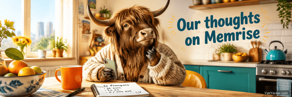 A yak studying on a phone at a kitchen table, used as the featured image for a Memrise review.