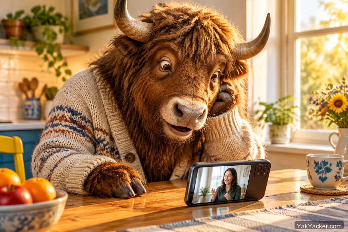 A yak watching a tiny video of a real person speaking, used in a review of Memrise native-speaker clips.