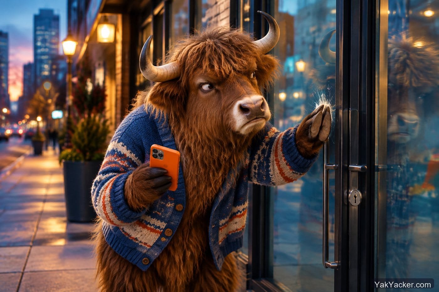 A yak at a locked glass door after a few free clips, used in a review of Memrise Pro pricing.