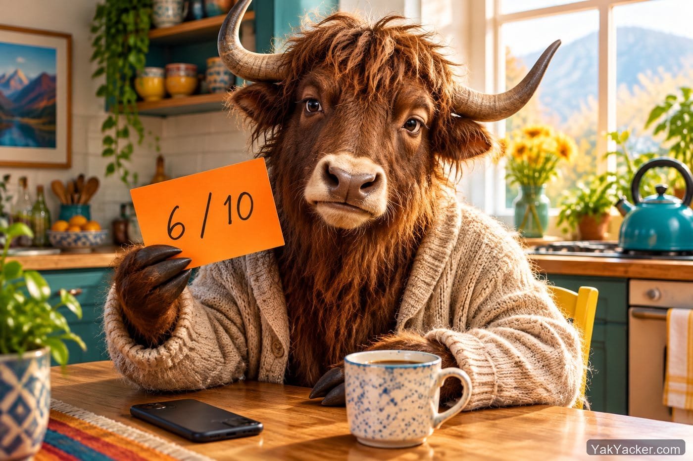 A yak holding a 6 out of 10 scorecard after a Memrise review, used in an in-depth analysis of whether Memrise works.