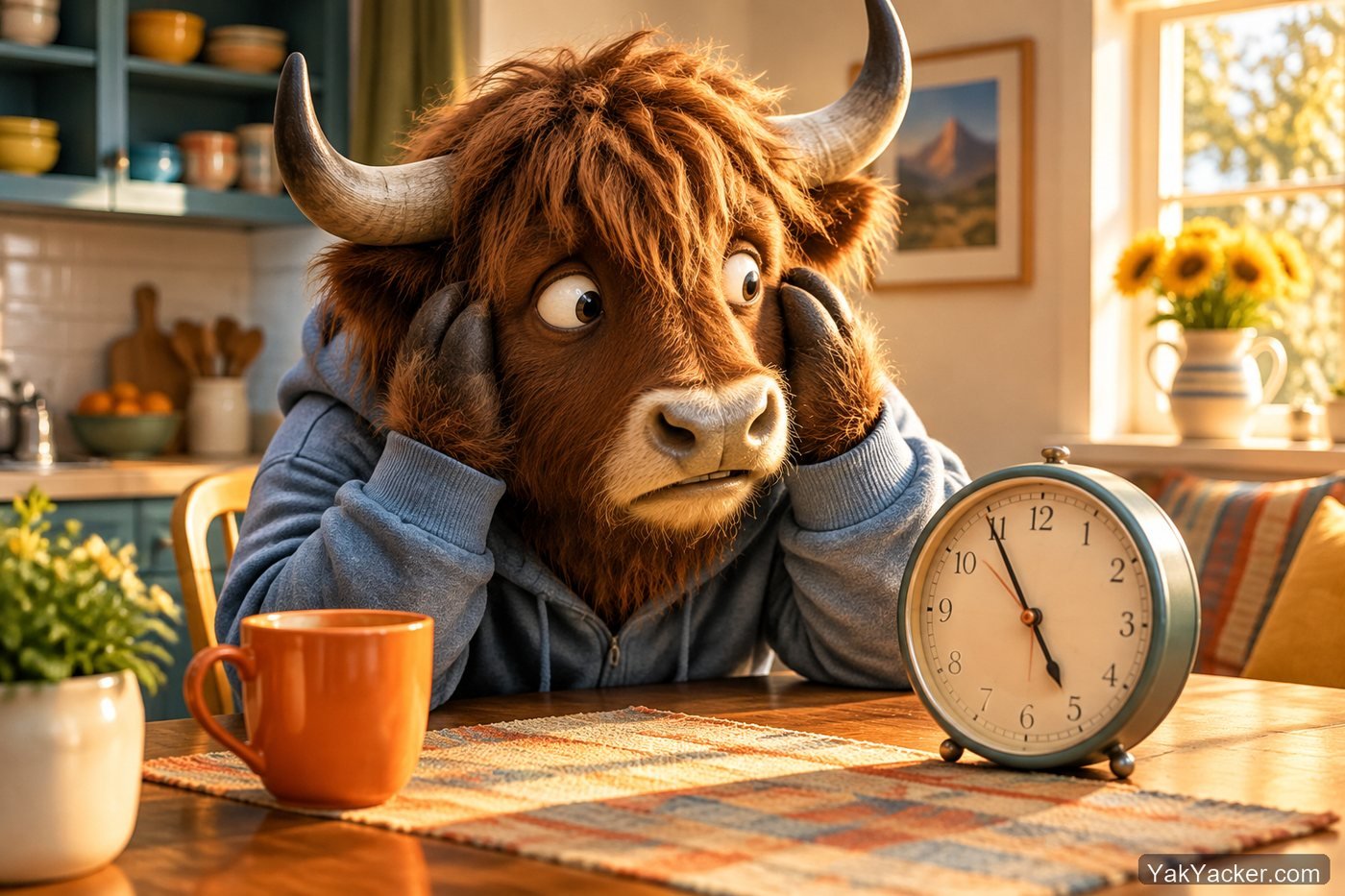 A yak watching the clock before a lesson cancel window, used in a how-to on online tutor cancellations.