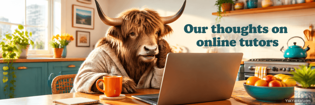 A yak on a video call with an online language tutor at a kitchen table, used as the featured image for a how-to on working with an online tutor.