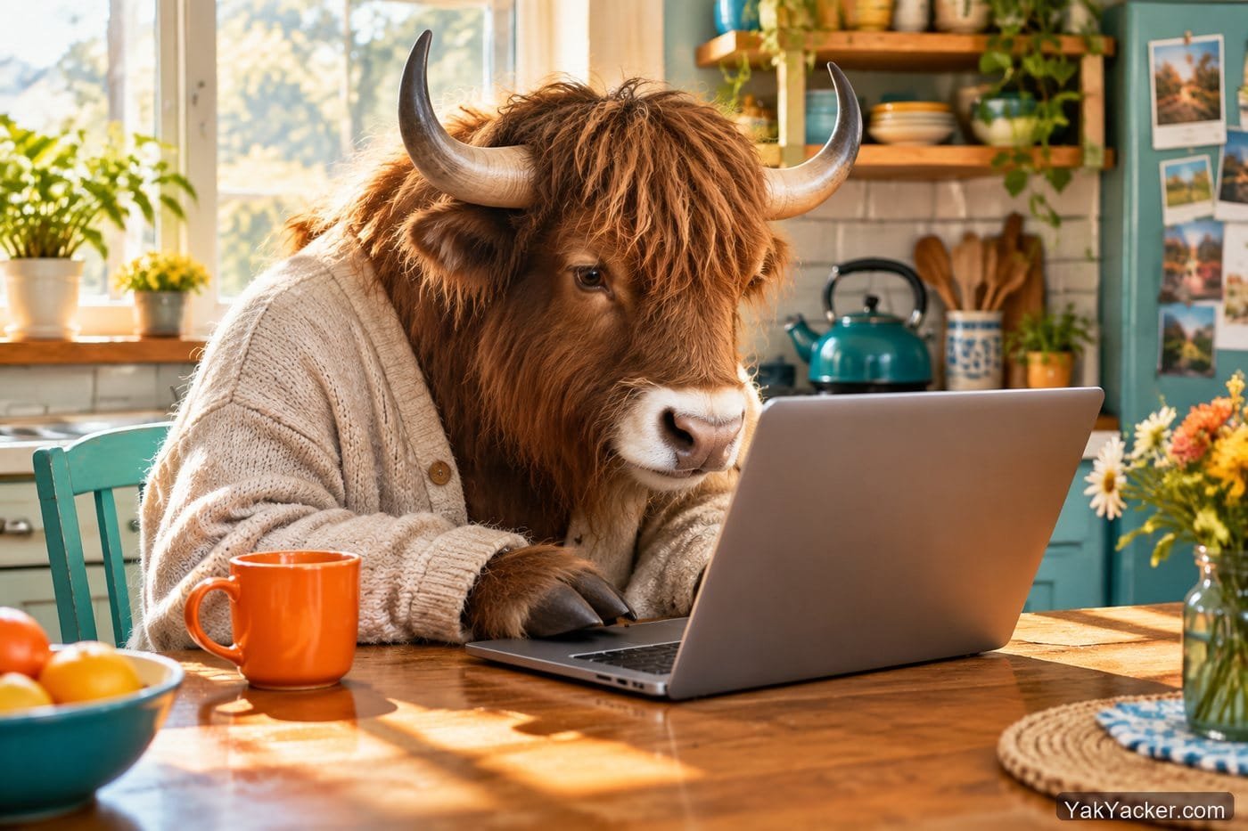 A yak booking an online language tutor from a kitchen table, used in a how-to on working with online tutors.