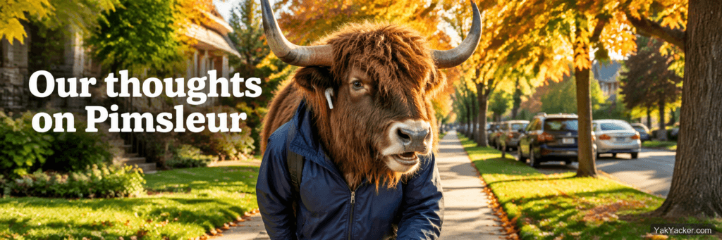 A yak walking a sidewalk with one earbud in, used as the featured image for a Pimsleur review.