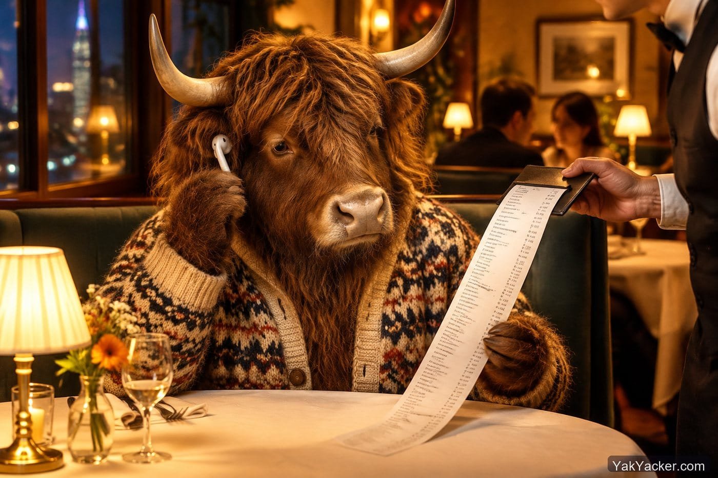 A yak looking at a huge restaurant bill, used in a review of Pimsleur lifetime and All Access pricing.