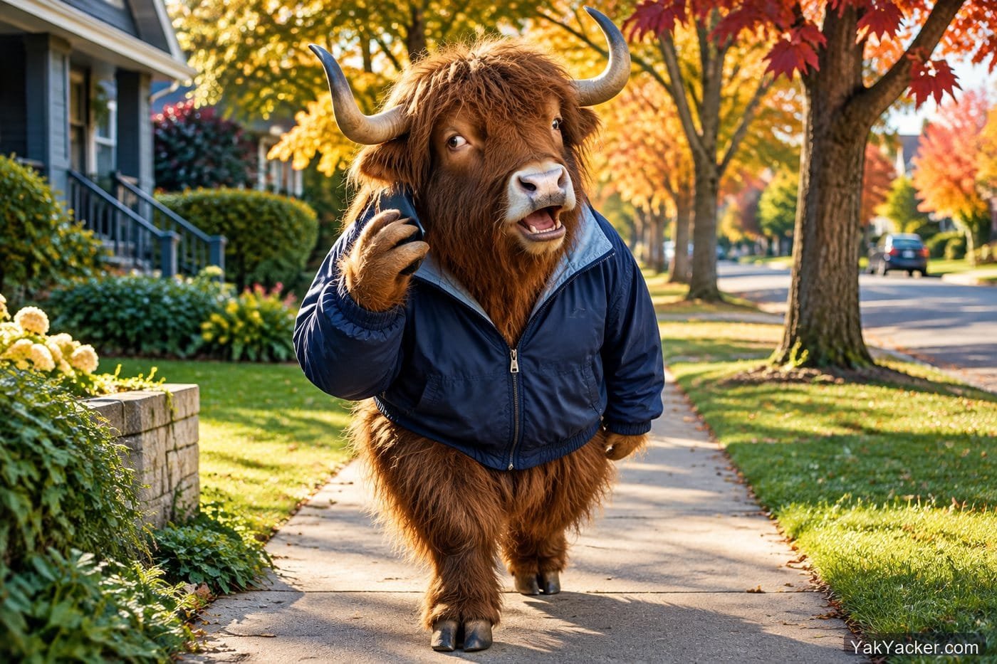 A yak mid-stride answering a silent audio prompt on a sidewalk, from our two-week review of Pimsleur lessons.