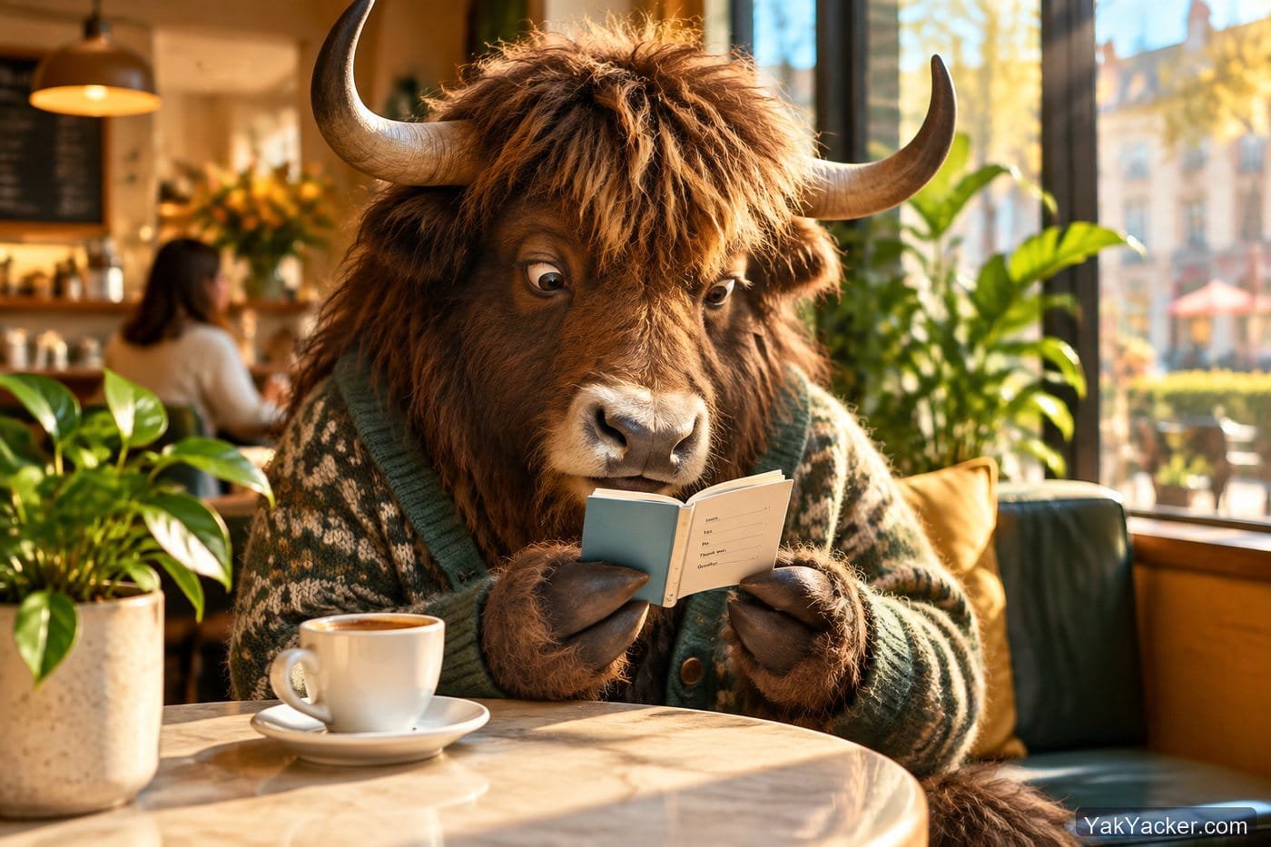 A yak staring at a tiny phrasebook at a cafe, used in a Pimsleur review of the small vocabulary ceiling.