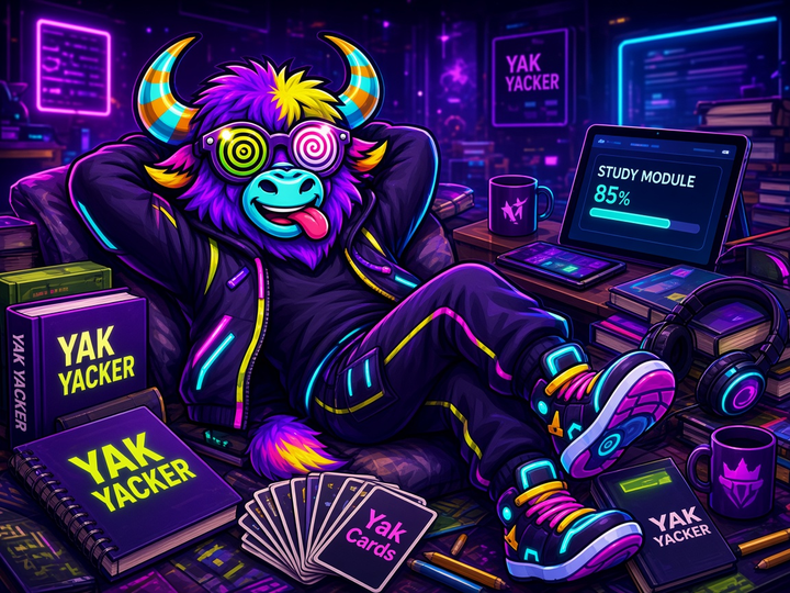 Cool Yak Yacker mascot surrounded by branded study gear, Yak Cards, and language materials.