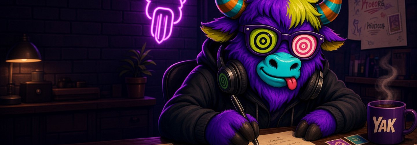 Yak Yacker mascot writing at a neon desk.