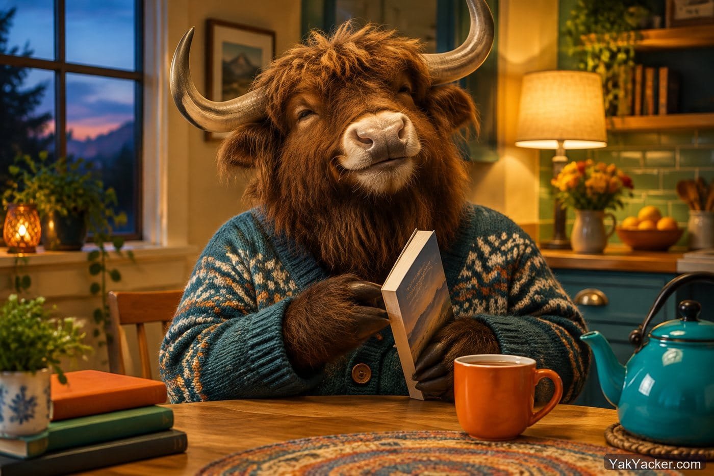 A yak closing a finished paperback, used in a review of Mandarin Companion Simplified graded readers.