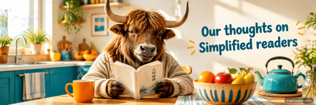 A yak finishing a Simplified Chinese paperback at a kitchen table, used as the featured image for a Simplified Chinese graded-readers roundup.