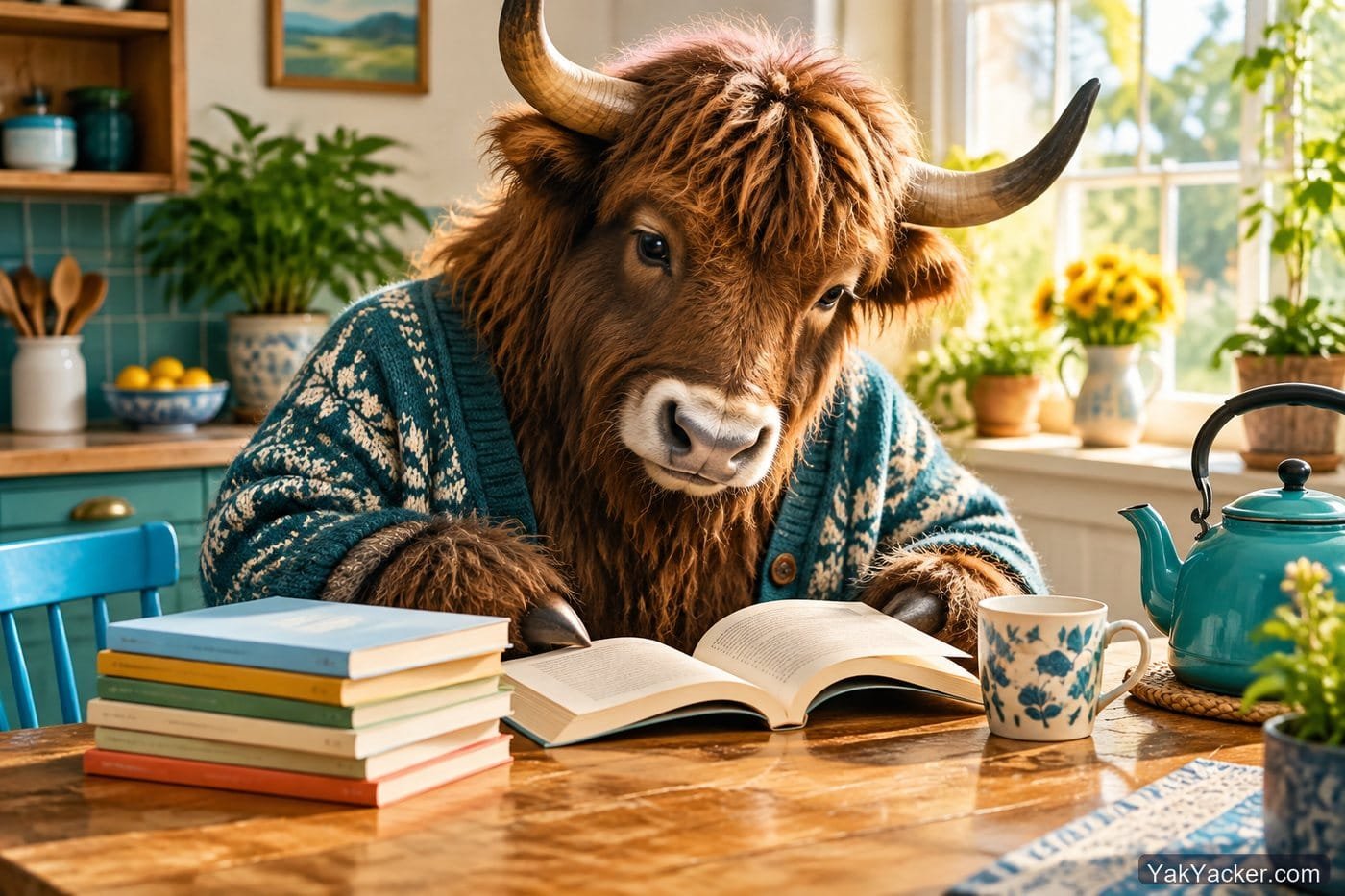 A yak with a pile of Simplified Chinese paperbacks, used in a Simplified Chinese graded-readers roundup.