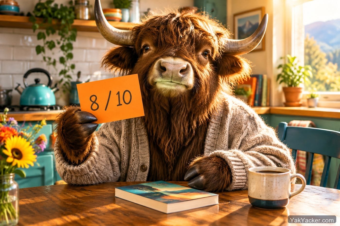 A yak holding an 8 out of 10 scorecard after two weeks with Simplified Chinese graded readers.