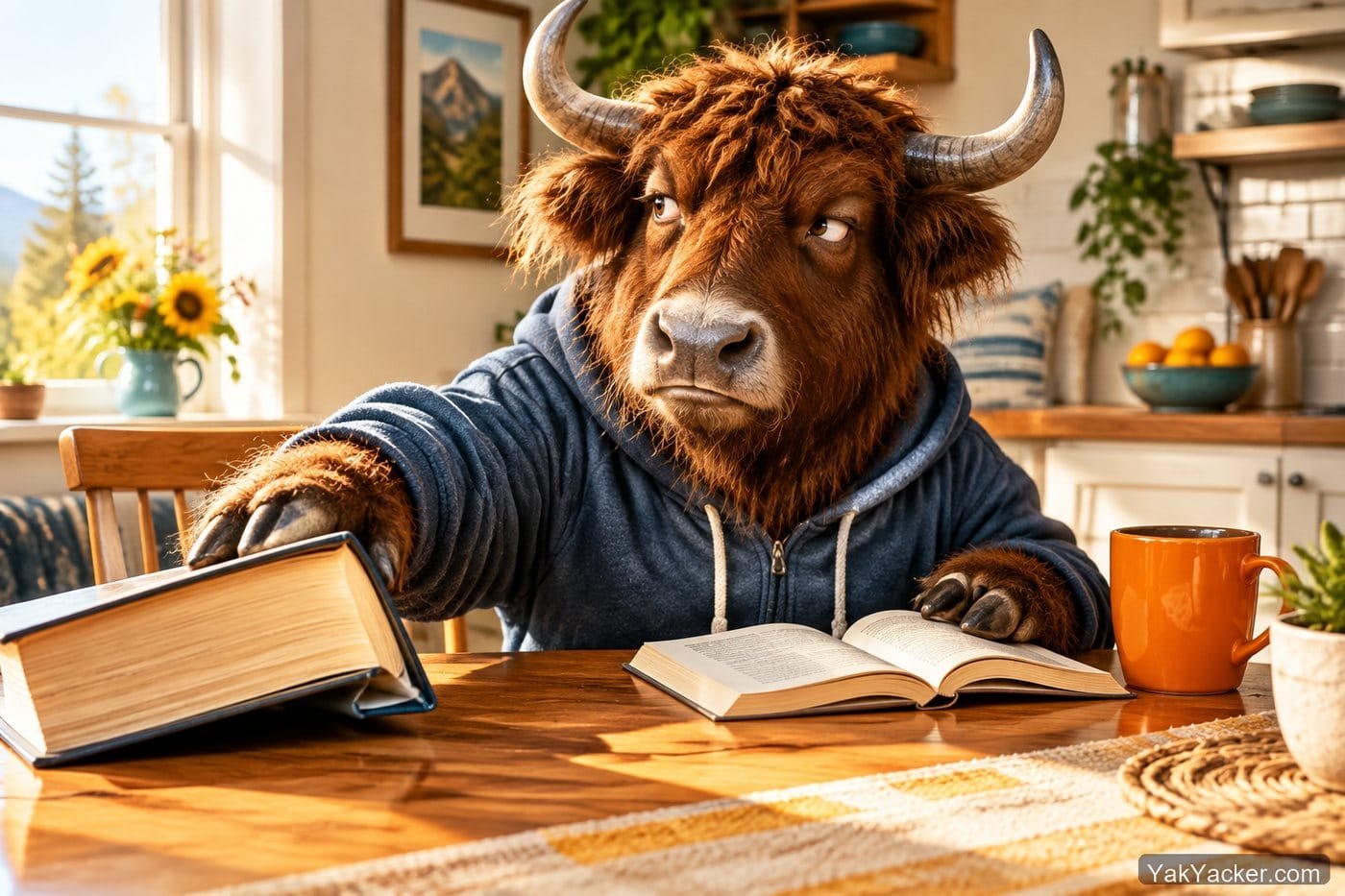 A yak abandoning a book that was too hard, used in a review of Simplified Chinese graded readers.