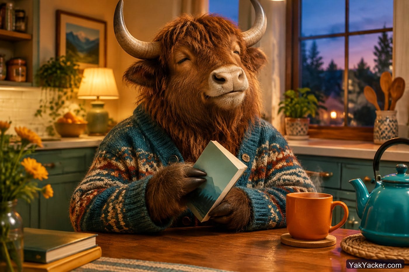 A yak closing a finished paperback, used in a review of Spanish graded readers we actually finished.