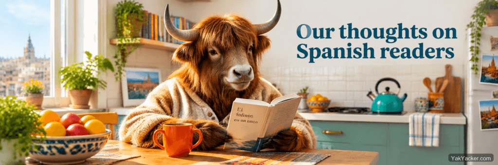 A yak finishing a Spanish paperback at a kitchen table, used as the featured image for a Spanish graded-readers roundup.