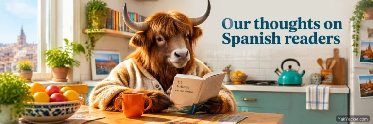 A yak finishing a Spanish paperback at a kitchen table, used as the featured image for a Spanish graded-readers roundup.