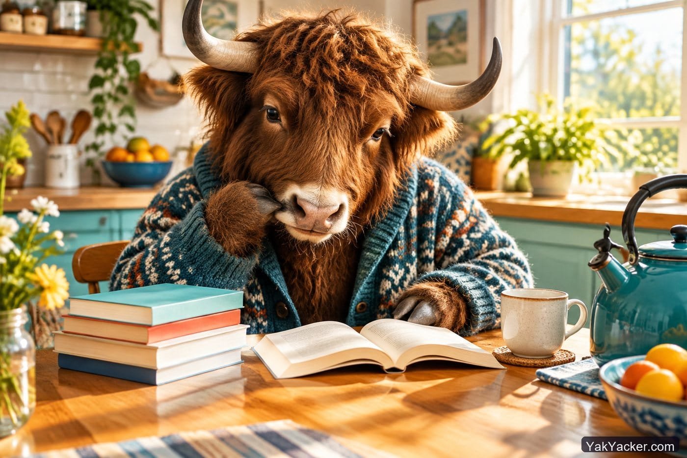 A yak with a pile of slim paperbacks, used in a roundup of Spanish graded readers.