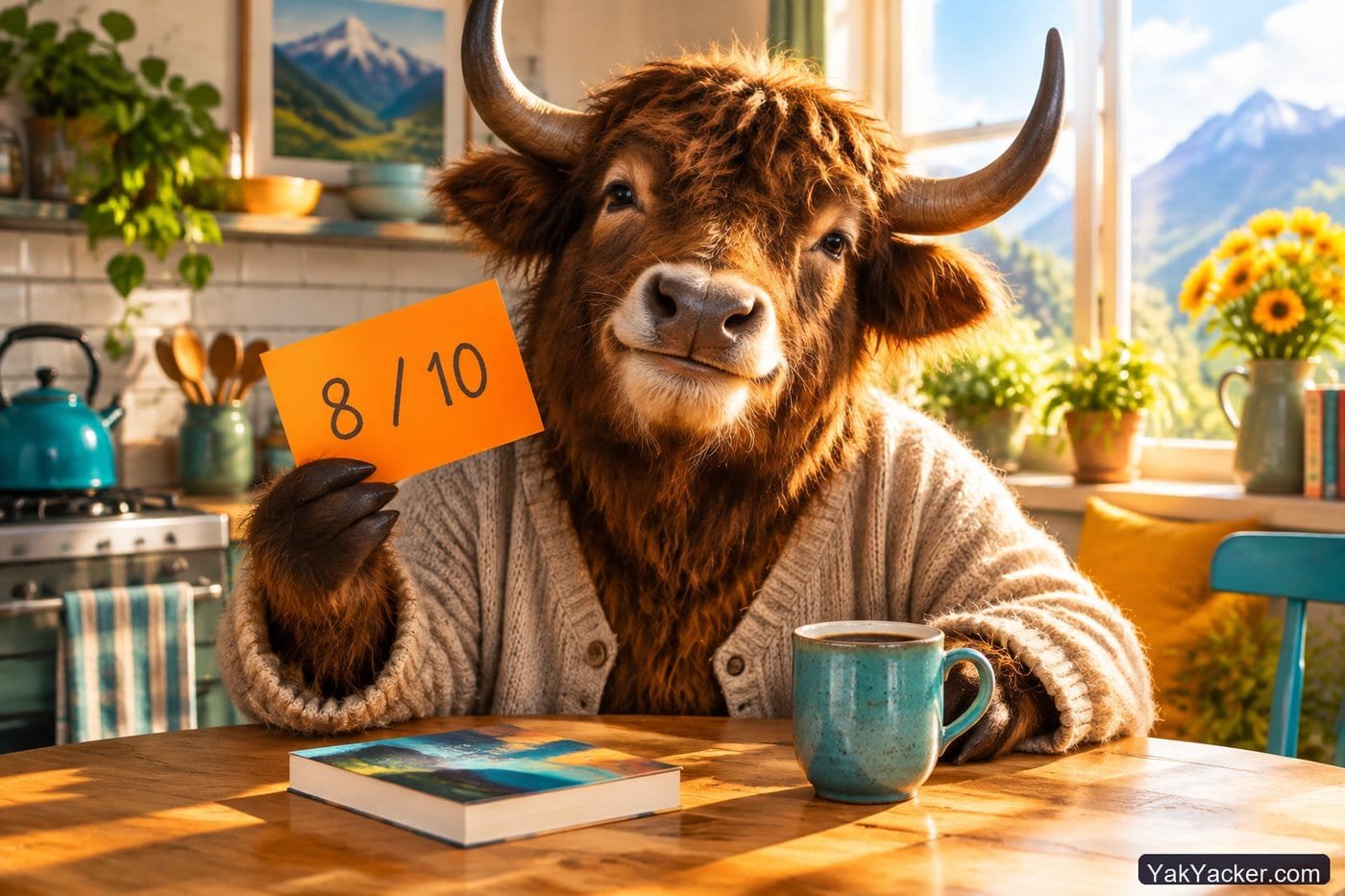 A yak holding an 8 out of 10 scorecard after two weeks with Spanish graded readers.