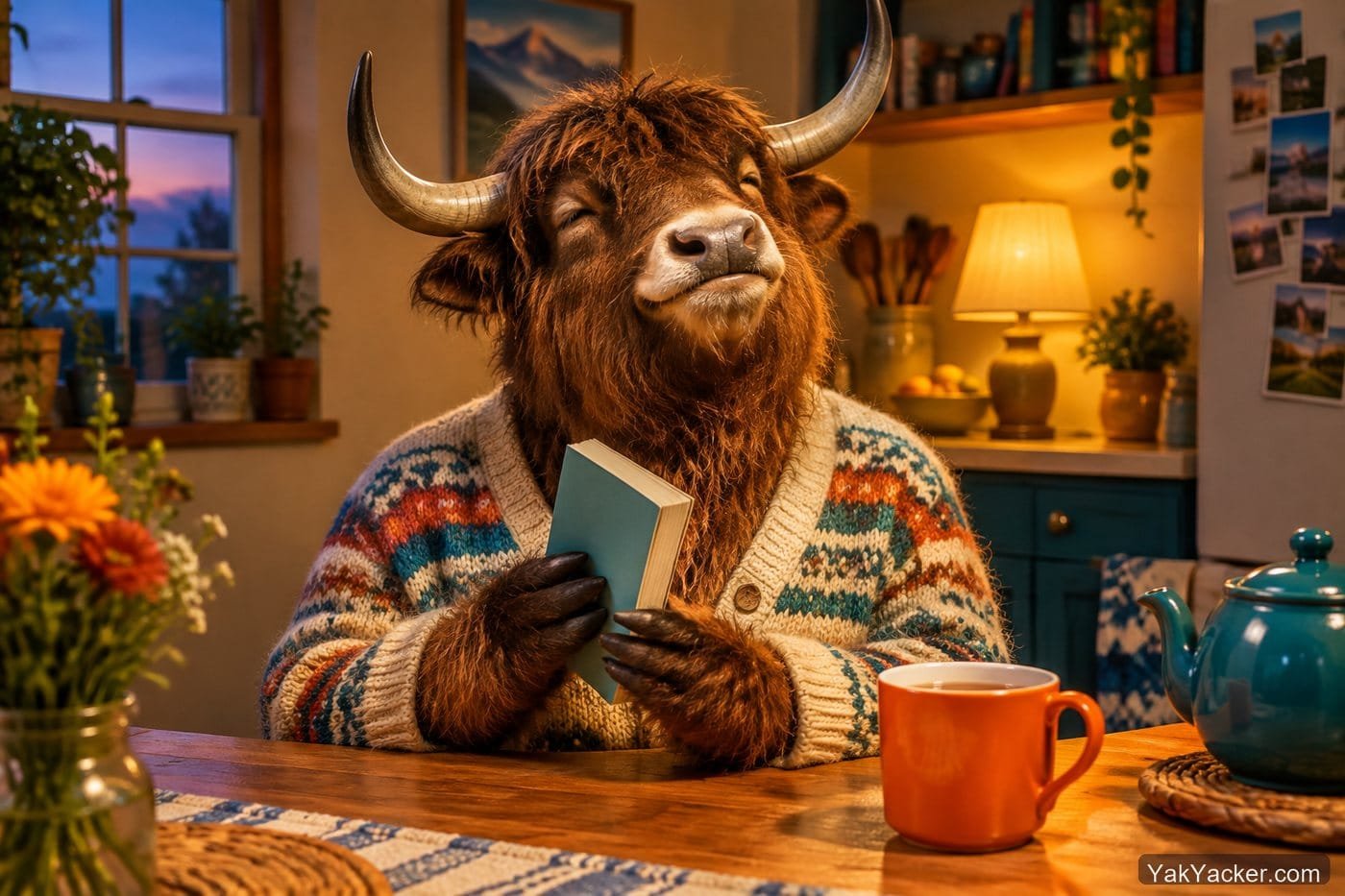 A yak closing a finished paperback, used in a review of Mandarin Companion Traditional graded readers.