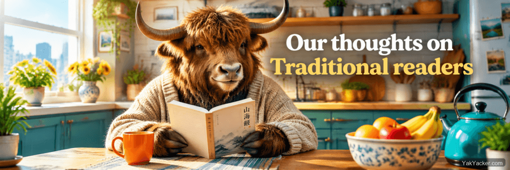 A yak finishing a Traditional Chinese paperback at a kitchen table, used as the featured image for a Traditional Chinese graded-readers roundup.